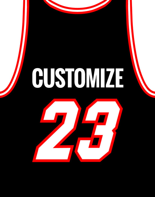 Customizable black basketball jersey graphic with red and white trim, featuring bold number "23" and placeholder text for personalized name. Ideal for use with basketball jersey templates and cut files for birthday parties, sports-themed backdrops, and foam board crafts.