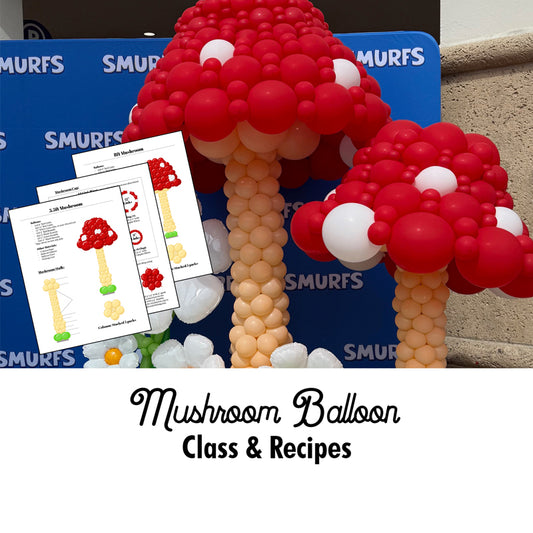 Two oversized red and blush balloon mushrooms built using link balloon techniques, displayed in front of a Smurfs-themed backdrop. Image includes overlaid pages from the Mushroom Balloon Class recipes, showing step-by-step instructions for 5.5FT and 8FT versions. This balloon decor is part of The Creative Heart Studio’s Mushroom Balloon Class & Recipes, perfect for woodland parties, themed events, and photo ops.