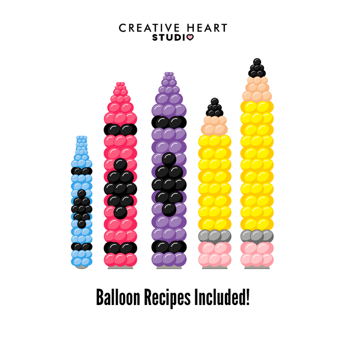 Digital illustration of five school-themed balloon sculptures featured in the Back to School Column Class, including Balloon Crayon Columns and Pencil Balloon Columns in various colors. The image highlights that balloon recipes are included with the class, making it perfect for balloon artists, decorators, and event stylists preparing for back-to-school season.