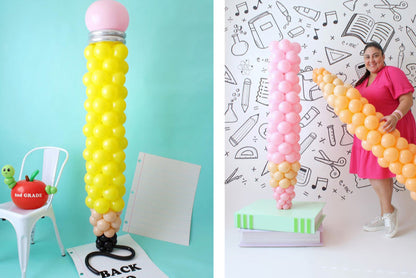 A set of two creative balloon column designs perfect for back-to-school events. On the left, a tall yellow pencil-shaped balloon column with a pink eraser top, metallic silver band, and brown base resembling a sharpened tip stands against a teal background. On the right, Lilly Jimenez poses next to two colorful balloon columns, one resembling a pink eraser and the other a yellow and orange colored pencil, against a backdrop featuring hand-drawn school-themed doodles.