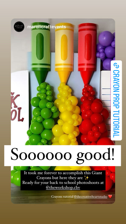 Student-created balloon crayon display using Lilly Jimenez’s Crayon Prop Tutorial from The Creative Heart Studio. Features large red, yellow, and green crayon props with cascading balloon garlands in matching colors. Perfect for back-to-school photoshoots and classroom decorations. Tagged by @marollicraftevents and celebrated for its vibrant, eye-catching execution. Ideal for showcasing student success using balloon crafting tutorials.