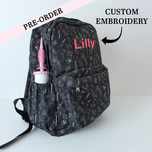 Custom Embroidered Backpack - Black & White Balloon Confetti Print (Pre-Order)