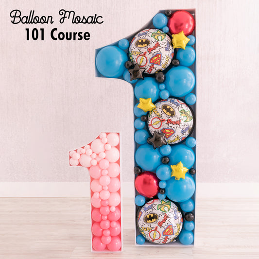 Balloon Mosaic® 101 Course sample showing two balloon number ones: one in pink and one in a superhero theme with blue, red, and yellow balloons, plus foil star and comic balloons. Designed by Lilly Jimenez to teach beginners how to cut, build, and fill Balloon Mosaics for events.