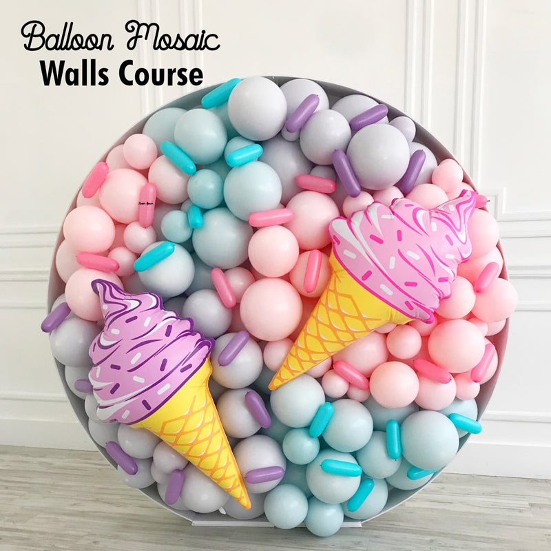 Pastel-colored Balloon Mosaic® Wall featuring ice cream cone foils, created in Lilly Jimenez’s Balloon Mosaic Walls Course. This oversized round display includes pink, lavender, mint, and gray balloons with sprinkle details—perfect for events and parties.