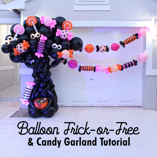 A whimsical Halloween balloon display featuring a black balloon tree decorated with candy-themed balloons, spooky eyes, spiders, and lollipops. A matching candy garland made of balloons extends from the tree, adding a fun and festive touch. A "Trick-or-Treat" bucket sits at the base, making this design perfect for Halloween parties, trick-or-treat setups, and festive backdrops. Learn to create this eye-catching display in the Balloon Trick-or-Tree & Candy Garland Tutorial!