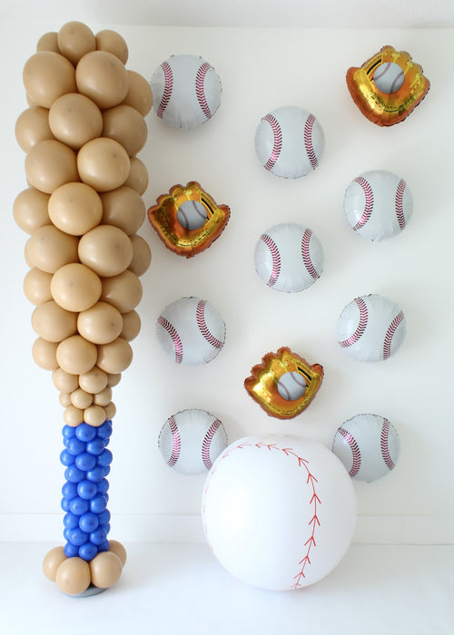 Baseball Bat Column Balloon Recipe featuring a tall balloon bat made with tan and blue balloons, displayed alongside a large white balloon baseball and glove balloon accents on a white backdrop. This digital recipe includes a PDF with balloon sizes, step-by-step instructions, shopping list, and a PNG mockup file, perfect for creating sports-themed balloon decor for parties, schools, and tournaments.