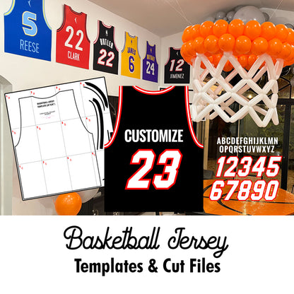 Basketball Jersey Templates & Cut Files for DIY party decor. Includes full-size printable jersey outlines, SVG files for cutting machines, and customizable name and number designs. Perfect for birthday parties, sports-themed events, and basketball balloon displays. Use for foam board crafts, backdrops, or wall banners.