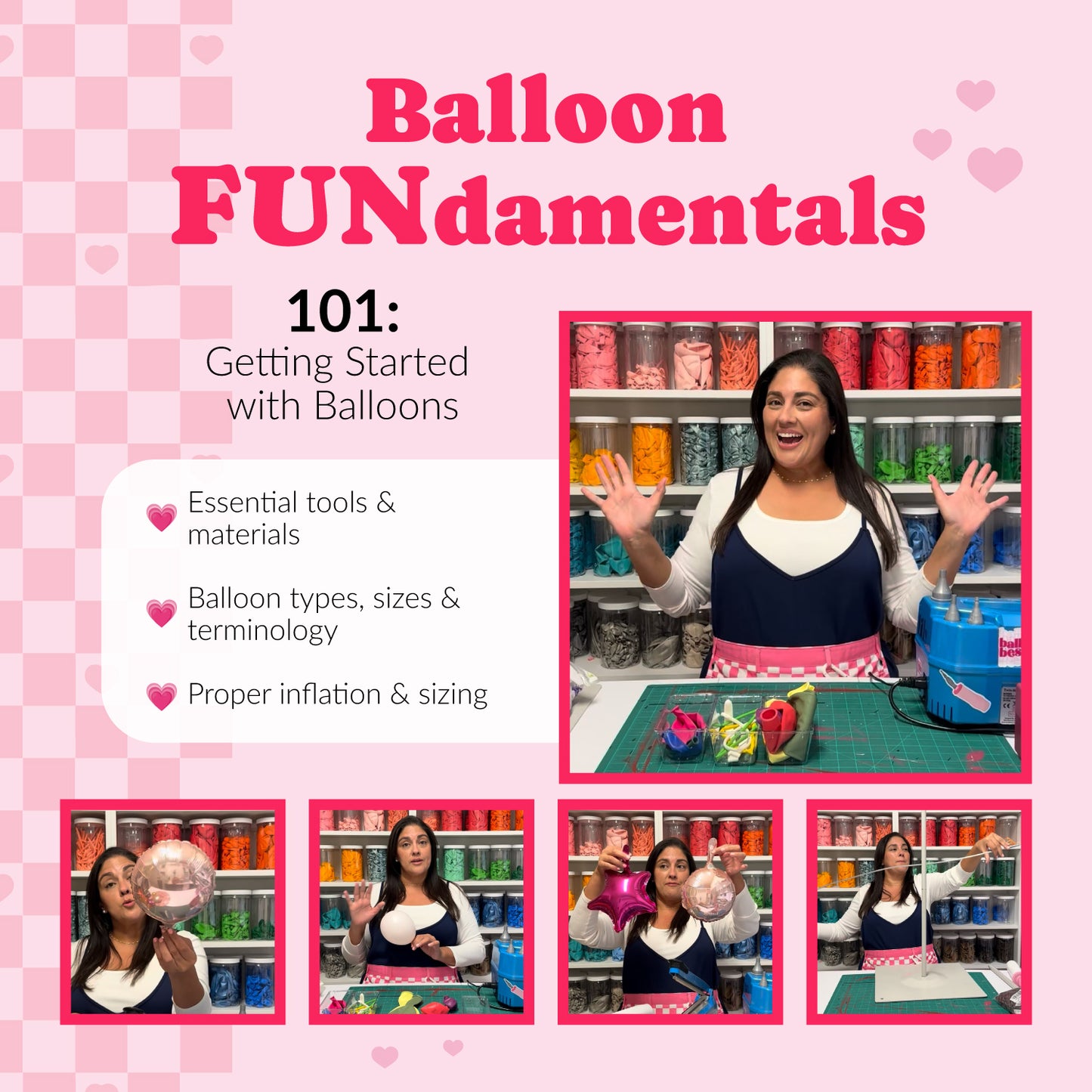 Lilly Jimenez teaches Balloon FUNdamentals 101, an introductory balloon decor class for complete beginners covering essential balloon tools, balloon types and sizes, proper inflation, sizing techniques, and the basic skills needed to start creating balloon decorations.
