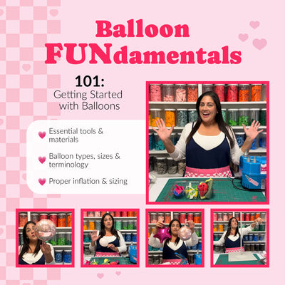 Lilly Jimenez teaches Balloon FUNdamentals 101, an introductory balloon decor class for complete beginners covering essential balloon tools, balloon types and sizes, proper inflation, sizing techniques, and the basic skills needed to start creating balloon decorations.