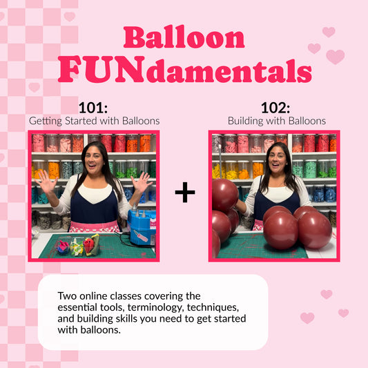 Lilly Jimenez presents Balloon FUNdamentals 101 and 102, a beginner balloon decor class bundle covering essential tools, balloon terminology, proper inflation, sizing, clusters, and foundational building techniques.