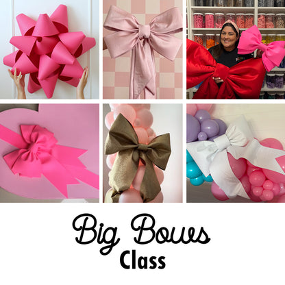 A collection of six oversized bow designs in various colors, materials, and styles. The image features a large pink gift bow, a soft fabric bow on a checkered backdrop, Lilly Jimenez holding two oversized red bows, a pink bow on a heart-shaped surface, a burlap-style bow on a balloon arrangement, and a textured white bow paired with pastel balloons. This class teaches how to create statement bows perfect for event decor, gifts, and more.