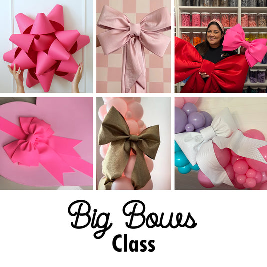 A collection of six oversized bow designs in various colors, materials, and styles. The image features a large pink gift bow, a soft fabric bow on a checkered backdrop, Lilly Jimenez holding two oversized red bows, a pink bow on a heart-shaped surface, a burlap-style bow on a balloon arrangement, and a textured white bow paired with pastel balloons. This class teaches how to create statement bows perfect for event decor, gifts, and more.