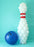 Bowling Pin Column Balloon Recipe featuring a tall 6.5ft white balloon pin with red accent bands, displayed alongside a large blue balloon bowling ball on a teal backdrop. This digital recipe includes a PDF with balloon sizes, step-by-step instructions, a shopping list, and a PNG mockup file. Perfect for creating professional sports-themed balloon decor for school events, tournaments, parties, and celebrations.