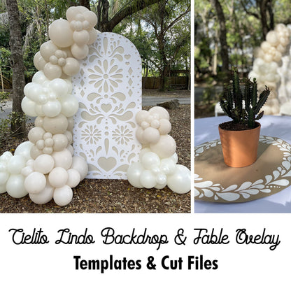 Papel picado-style balloon backdrop and matching table overlay with cactus centerpiece, featured in a fiesta-inspired outdoor setup. Includes templates and cut files for CNC and laser cutting, ideal for weddings, showers, or Día de Muertos decor.