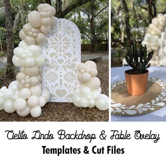 Papel picado-style balloon backdrop and matching table overlay with cactus centerpiece, featured in a fiesta-inspired outdoor setup. Includes templates and cut files for CNC and laser cutting, ideal for weddings, showers, or Día de Muertos decor.