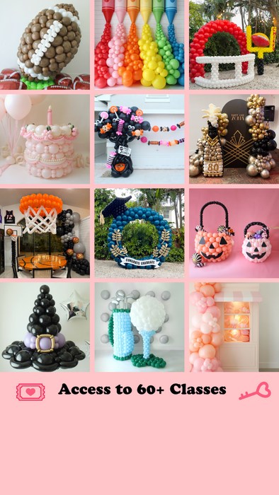 Visual preview of 54+ balloon courses including Halloween balloons, oversized basketball props, party backdrops, bow-making tutorials, and seasonal decor like Back to School, Graduation, Under the Sea, and Christmas. Ideal for balloon artists and creative DIY decorators.