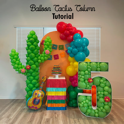 Fiesta-themed balloon setup with cactus column and balloon-filled Balloon Mosaic number 5.
