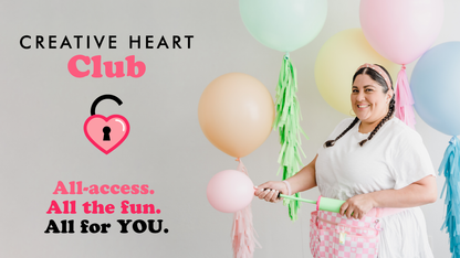 Cheerful promotional image for the Creative Heart Club featuring a smiling Lilly Jimenez inflating pastel balloons with tassels. The design includes the club’s logo with an open pink heart-shaped lock and bold text that reads “All-access. All the fun. All for YOU.” Perfect for promoting all-inclusive access to creative courses, balloon tutorials, and crafting fun through a vibrant membership community.