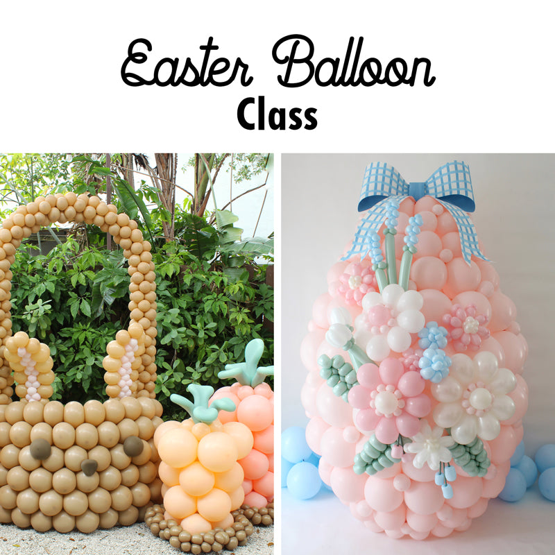 Easter balloon class showing three festive balloon designs: a giant Easter bunny basket, pastel balloon carrots, and a large linking balloon Easter egg covered in flowers and topped with a bow. Perfect for balloon decorators or artists learning spring or Easter-themed balloon decor.