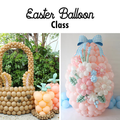 Easter balloon class showing three festive balloon designs: a giant Easter bunny basket, pastel balloon carrots, and a large linking balloon Easter egg covered in flowers and topped with a bow. Perfect for balloon decorators or artists learning spring or Easter-themed balloon decor.