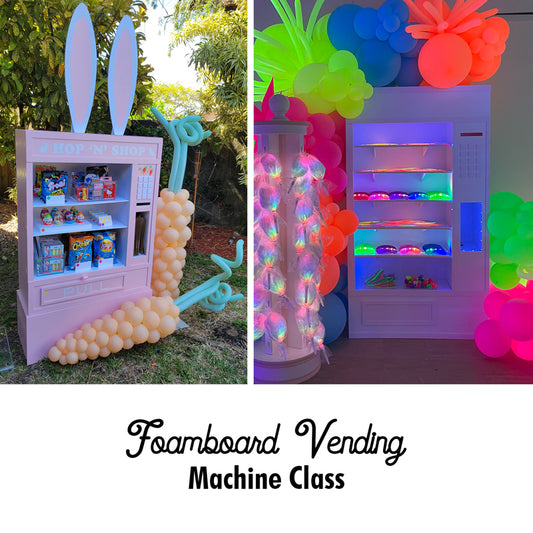 Colorful DIY foamboard vending machine props featured in party setups. One pastel design includes bunny ears and candy, ideal for Easter or kids' events. The second glows with LED lighting and balloon decor, perfect for birthday or candy-themed celebrations. Both built using foamboard and featured in the Vending Machine Class tutorial.