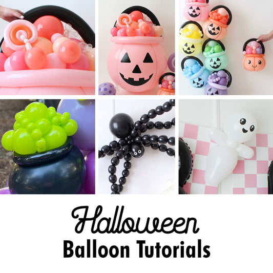 A collage of Halloween-themed balloon designs from Lilly Jimenez of The Creative Heart Studio, featuring a variety of festive creations. Designs include a pink jack-o'-lantern candy bucket, pastel pumpkin stack, bubbling cauldron, spooky spider, and adorable ghost. These balloon tutorials are perfect for Halloween parties, trick-or-treat events, and festive decorations. Learn how to create these fun and whimsical designs with Lilly’s Halloween Balloon Tutorials!
