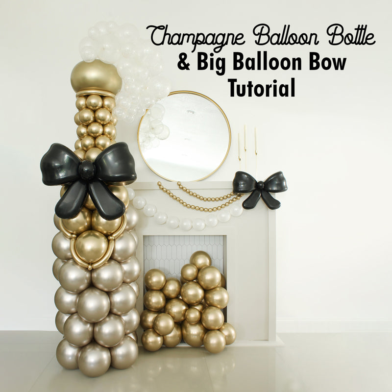 Oversized gold Champagne Balloon Bottle with a big black balloon bow, styled with luxe balloons—perfect for weddings, New Year’s Eve, and cocktail hour photo ops. This statement piece is ideal for adult celebrations. Lilly Jimenez teaches how to create the full design, making it a stunning focal point or backdrop that adds elegance and fun to any party.