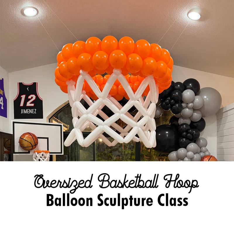 Oversized basketball hoop balloon sculpture featuring orange balloons for the rim and white twisting balloons for the net. This design is part of the Creative Heart Studio Balloon Sculpture Class, perfect for sports-themed parties, birthdays, or event backdrops. Learn how to build this show-stopping piece step-by-step with the on-demand course.