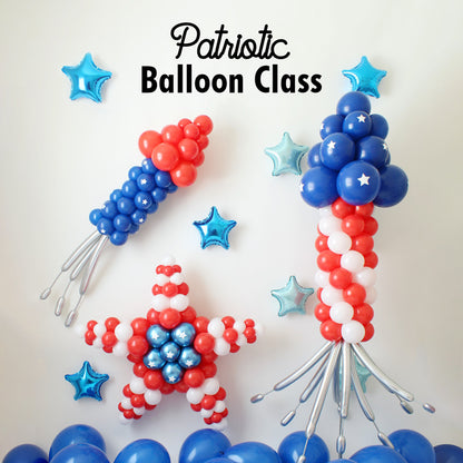 A vibrant red, white, and blue patriotic balloon display featuring a balloon star, a small bottle rocket, and a large bottle rocket column, accented with metallic blue star balloons. Designed by Lilly Jimenez of The Creative Heart Studio, these festive balloon designs are perfect for Fourth of July celebrations, parades, and patriotic events. Learn how to create these eye-catching decorations in the Patriotic Balloon Class! 🇺🇸🎈🎆