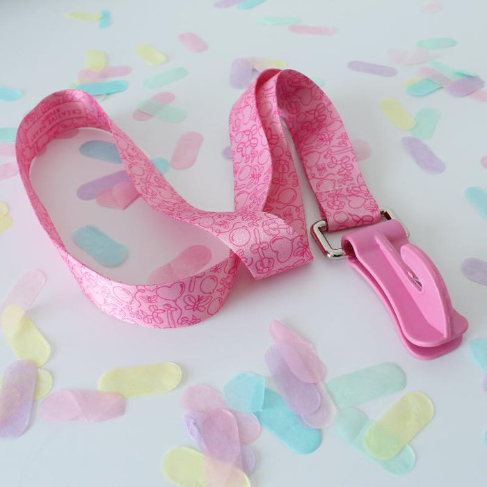 Pink Balloon Cutter Lanyard with white balloon confetti design for easy balloon cutting during decoration setups. Practical and stylish tool.