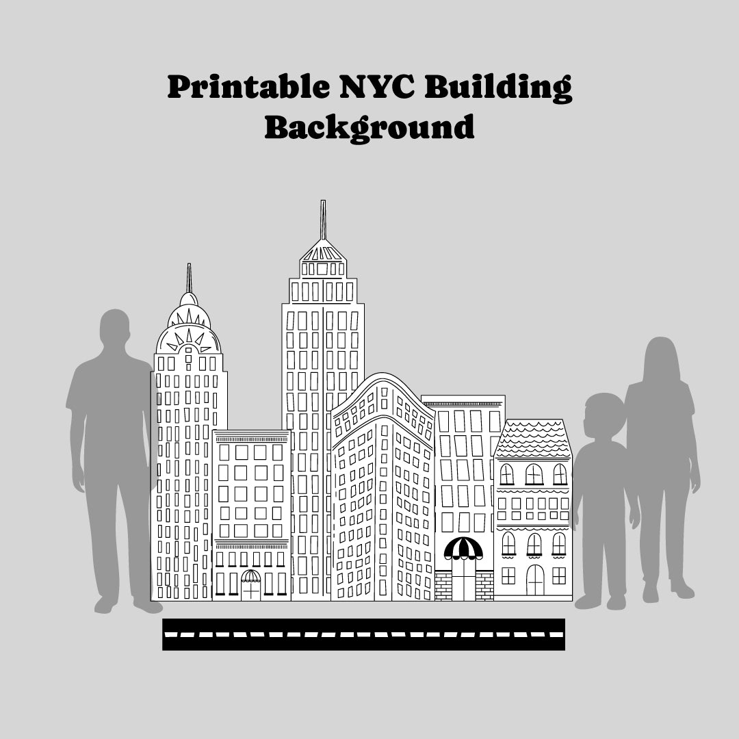 Printable NYC building backdrop shown with adult and teen silhouettes to demonstrate scale. The black-and-white sketch-style New York City buildings sit behind a simple road graphic, highlighting how large the backdrop appears when printed for parties, events, or photo setups. Perfect for parade-themed celebrations, NYC parties, classrooms, or holiday decor.