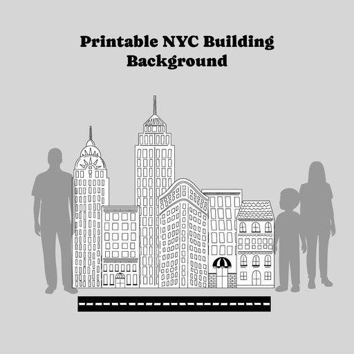 Printable NYC building backdrop shown with adult and teen silhouettes to demonstrate scale. The black-and-white sketch-style New York City buildings sit behind a simple road graphic, highlighting how large the backdrop appears when printed for parties, events, or photo setups. Perfect for parade-themed celebrations, NYC parties, classrooms, or holiday decor.