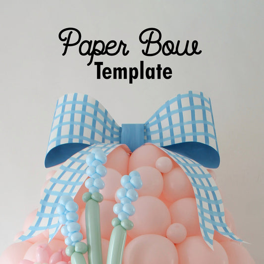 Printable paper bow template shown in a large blue gingham pattern, styled on top of a pink balloon egg. Perfect for crafting oversized paper bows for Easter, Mother’s Day, or spring-themed party decorations. This bow design adds a charming, handmade touch to any festive backdrop or balloon arrangement.
