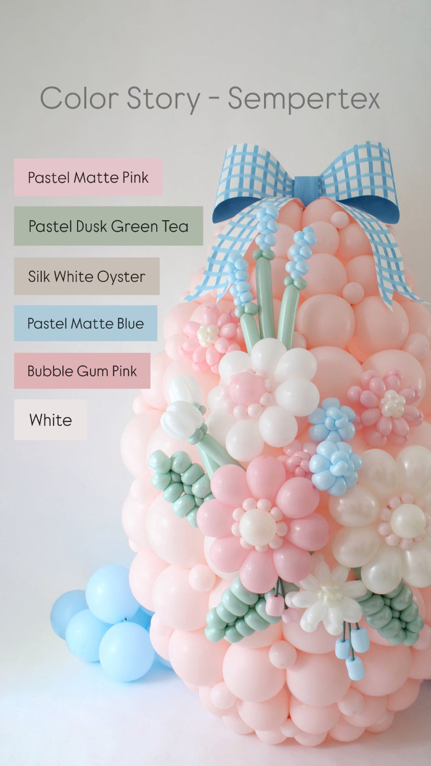 Color story featuring Sempertex balloons used in a pastel Easter egg balloon design. Includes labeled swatches of Pastel Matte Pink, Bubble Gum Pink, Pastel Matte Blue, Pastel Dusk Green Tea, Silk White Oyster, and White. This soft spring palette is ideal for Easter balloon backdrops, floral arrangements, and balloon styling projects for spring-themed events or children’s parties.