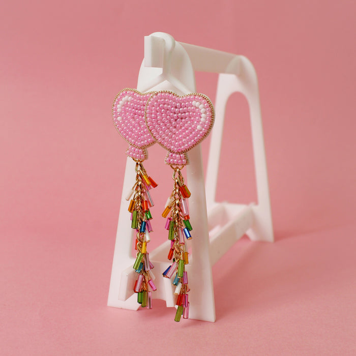 Tassel Heart Balloon Beaded Earrings (Light Pink)