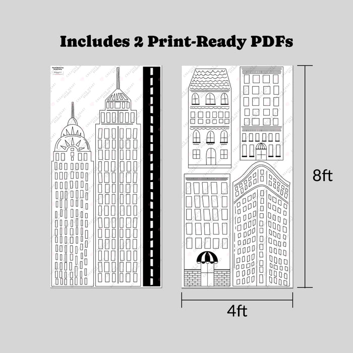 Two print-ready NYC building PDF panels displayed side by side, each sized at 4 feet wide by 8 feet tall. The panels feature black-and-white sketch-style New York City buildings with a road graphic along the bottom. This image highlights the scale and layout of the digital files included for printing and mounting on foamboard for parade-themed parties, NYC events, and photo backdrops.