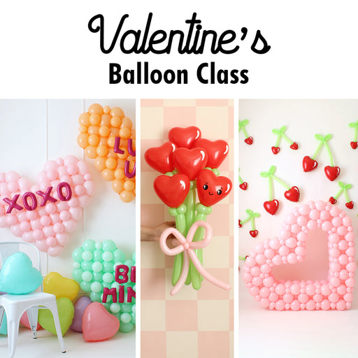 A collection of Valentine's balloon decorations, including a conversation heart balloon display, a heart-shaped balloon bouquet with a bow, and an open-heart balloon sculpture with balloon cherry accents.