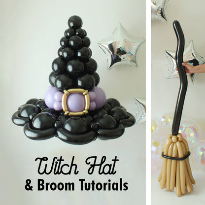 A black balloon witch hat with a purple and gold buckle detail sits as a centerpiece, while a twisted balloon broomstick with a realistic handle and bristles is held in the air. Silver star balloons in the background add a magical touch. This design is perfect for Halloween parties, witch-themed events, and festive photo backdrops. Learn how to create these fun and spooky balloon decorations in the Witch Hat & Broom Balloon Tutorials!