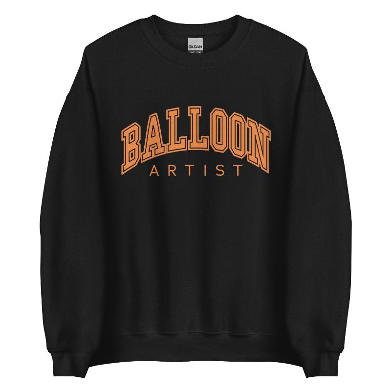 Black sweatshirt with orange colored words Balloon Artist in a college style font