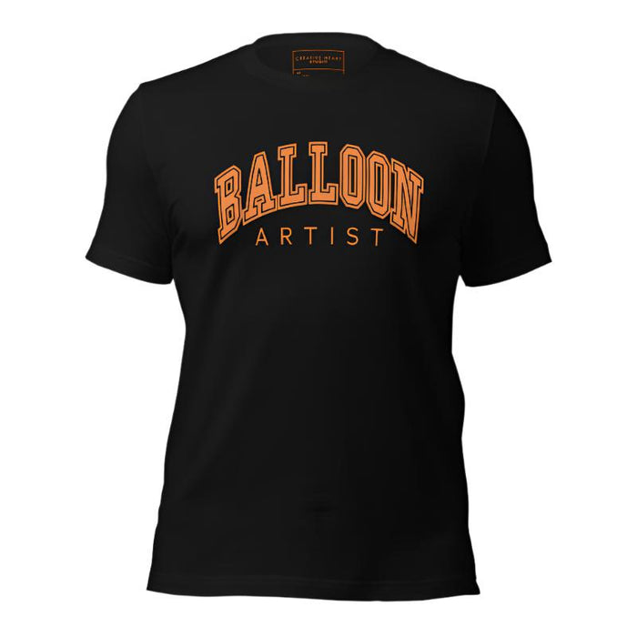 Black t-shirt with orange colored words Balloon Artist in a college style font