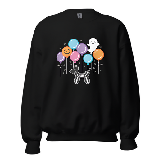 Black Halloween sweatshirt featuring a cute skeleton balloon dog with colorful Halloween balloons, including a jack-o'-lantern and ghost. Perfect for spooky season outfits or festive balloon dog lovers.