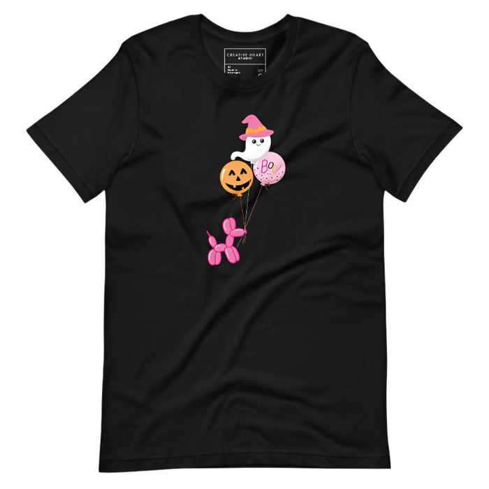 Black Halloween t-shirt featuring a cute pink balloon dog with colorful Halloween balloons, including a jack-o'-lantern and ghost. Perfect for spooky season outfits or festive balloon dog lovers.