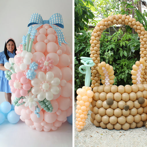 Two Easter balloon decorations from Lilly Jimenez featuring a pastel bunny balloon sculpture with flowers and a large balloon basket arch design. Easter balloon decor ideas for spring parties, balloon artists, and DIY Easter event decorations.