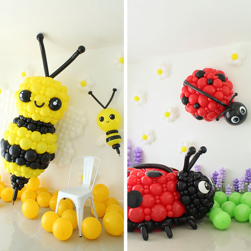 Giant balloon bee and ladybug sculptures created by Lilly Jimenez for the Giant Balloon Bugs Class. Oversized balloon bug decor featuring a yellow and black bumble bee and red ladybug with black spots, designed for spring parties, garden theme balloon decor, birthday backdrops and professional event installations.
