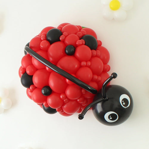 Closeup of oversized red and black balloon ladybug sculpture created by Lilly Jimenez. Detailed balloon cluster design featuring black head, antennae and signature spots, styled for spring balloon decor, garden theme parties, birthday backdrops and professional event installations.