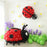 Oversized red and black balloon ladybug sculpture created by Lilly Jimenez for the Giant Balloon Bugs Class. Large balloon decor installation displayed with green balloon clusters and purple floral balloons, perfect for spring parties, garden theme backdrops and birthday event styling.