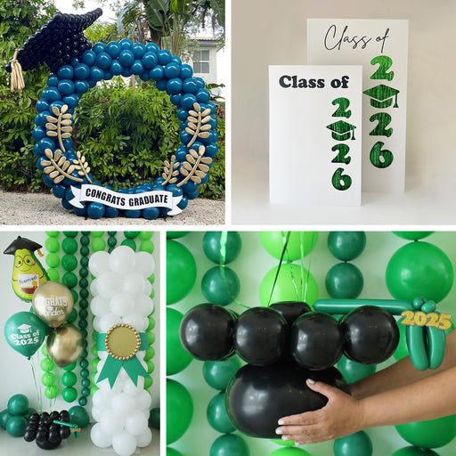 Graduation balloon bundle with cap design, column, backdrop, centerpiece, DIY graduation balloon decor setup with professional designs for balloon artists and party planners creating graduation events