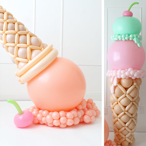 Ice cream balloon sculpture with cone and cherry detail by Lilly, part of ice cream balloon class tutorial for party decor, balloon artists, and event setups