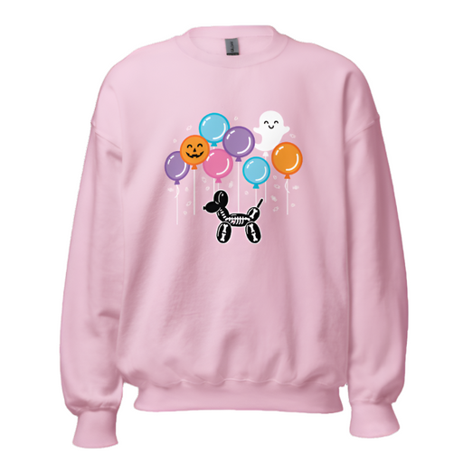 Pink Halloween sweatshirt featuring a cute skeleton balloon dog with colorful Halloween balloons, including a jack-o'-lantern and ghost. Perfect for spooky season outfits or festive balloon dog lovers.