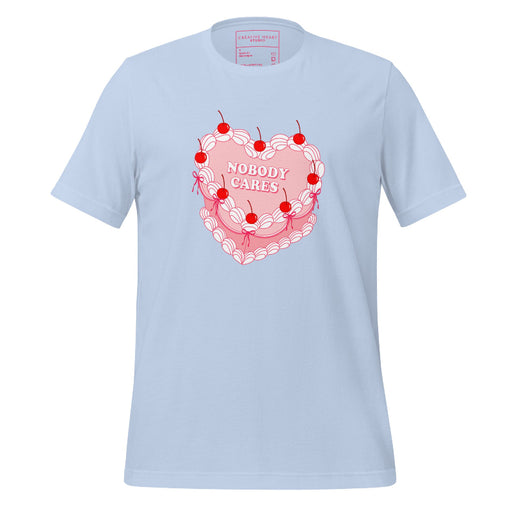 design featuring a vintage-inspired heart cake design with cherries, white piping details, and the text "Nobody Cares" in the center.